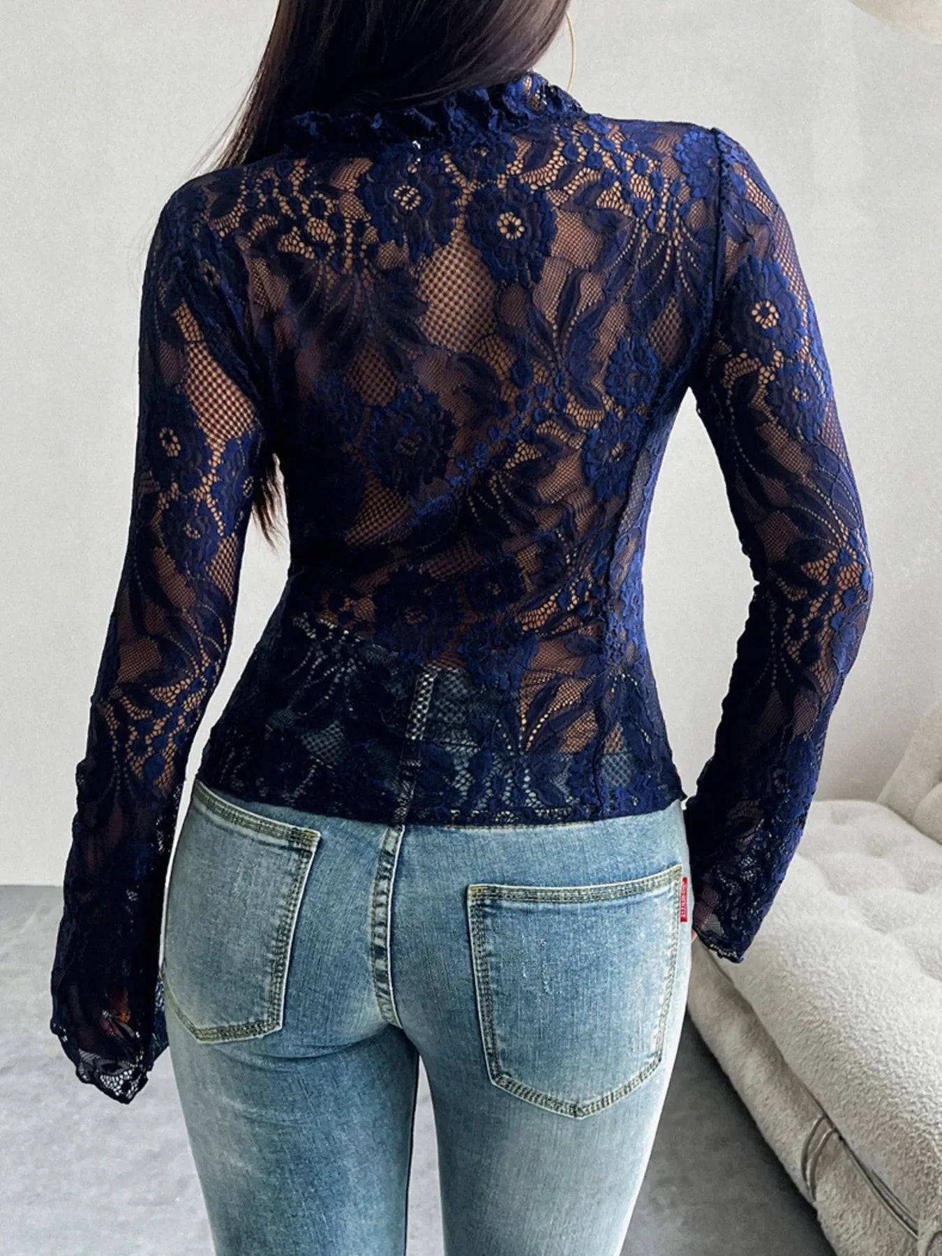 Tie Front Long Sleeve Lace Top - Piña Colada