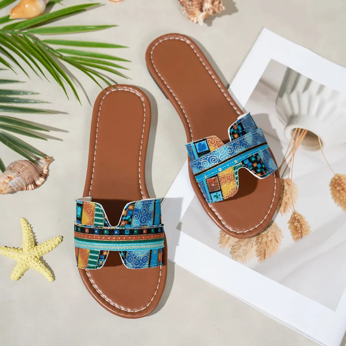 Bohemian Print Flat Sandals - Piña Colada