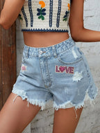 LOVE Distressed Raw Hem Denim Shorts - Piña Colada