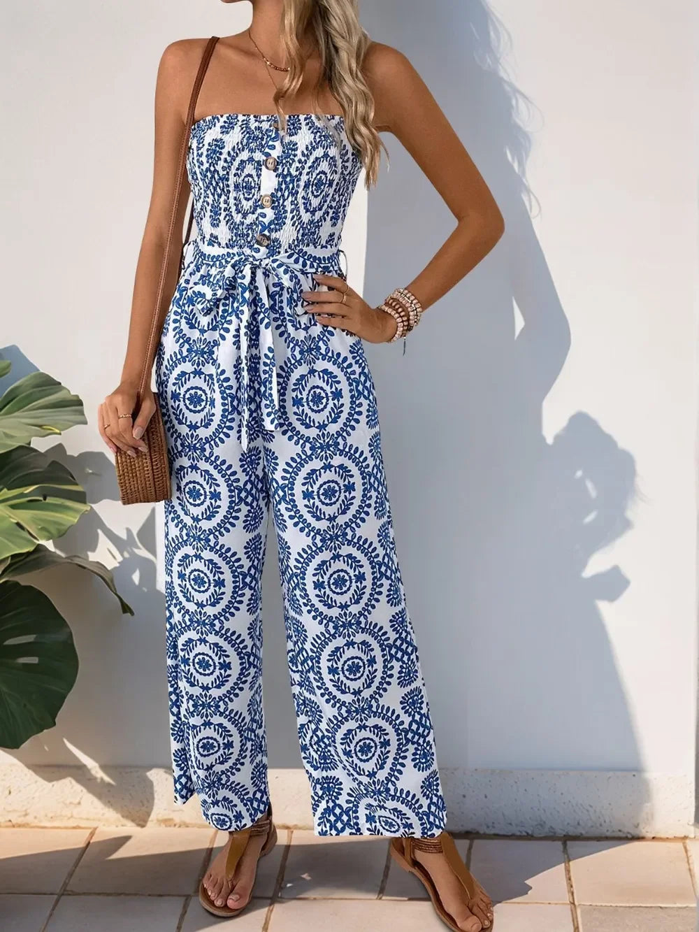 Perfee Smocked Tube Wide Leg Jumpsuit - Piña Colada
