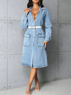 Pocketed Button Up Collared Neck Denim Top - Piña Colada