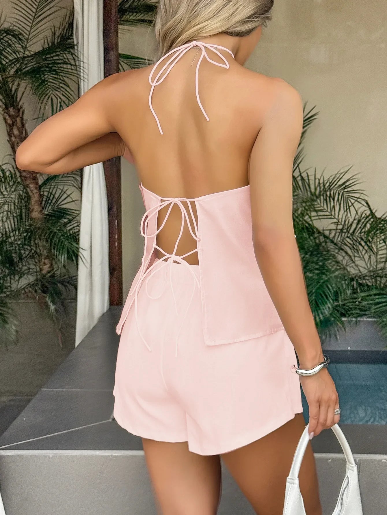 Tied Front Halter Neck Cami and Shorts Set - Piña Colada