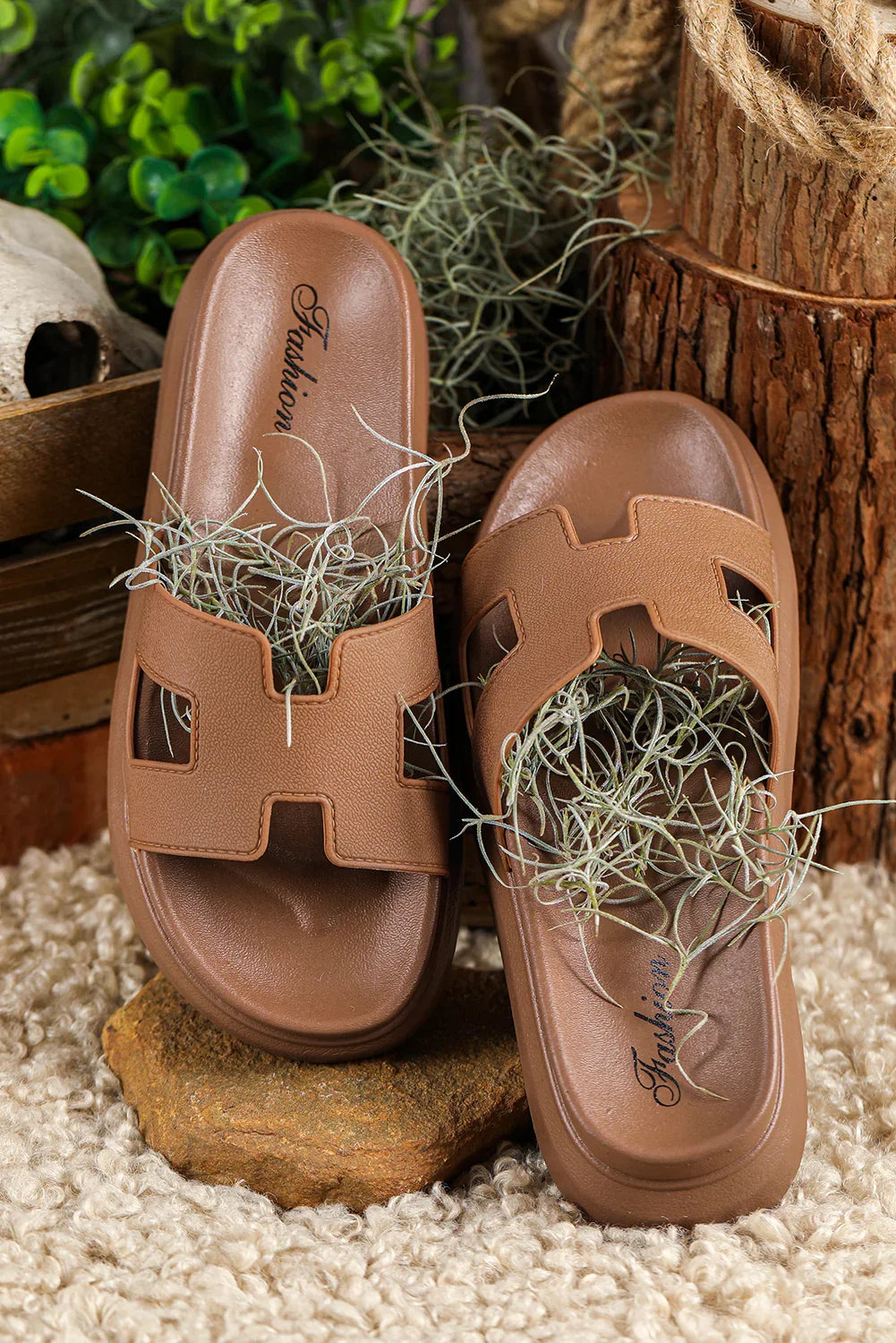 Chestnut Cutout Open Toe Platform Slides Shoes - Piña Colada
