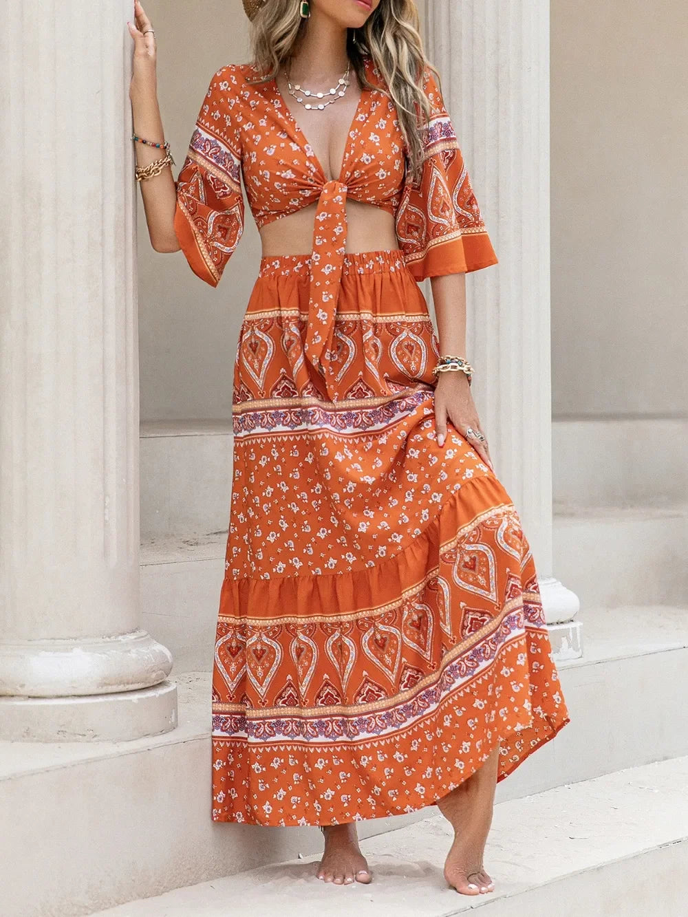 Printed Plunge Half Sleeve Top and Skirt Set - Piña Colada