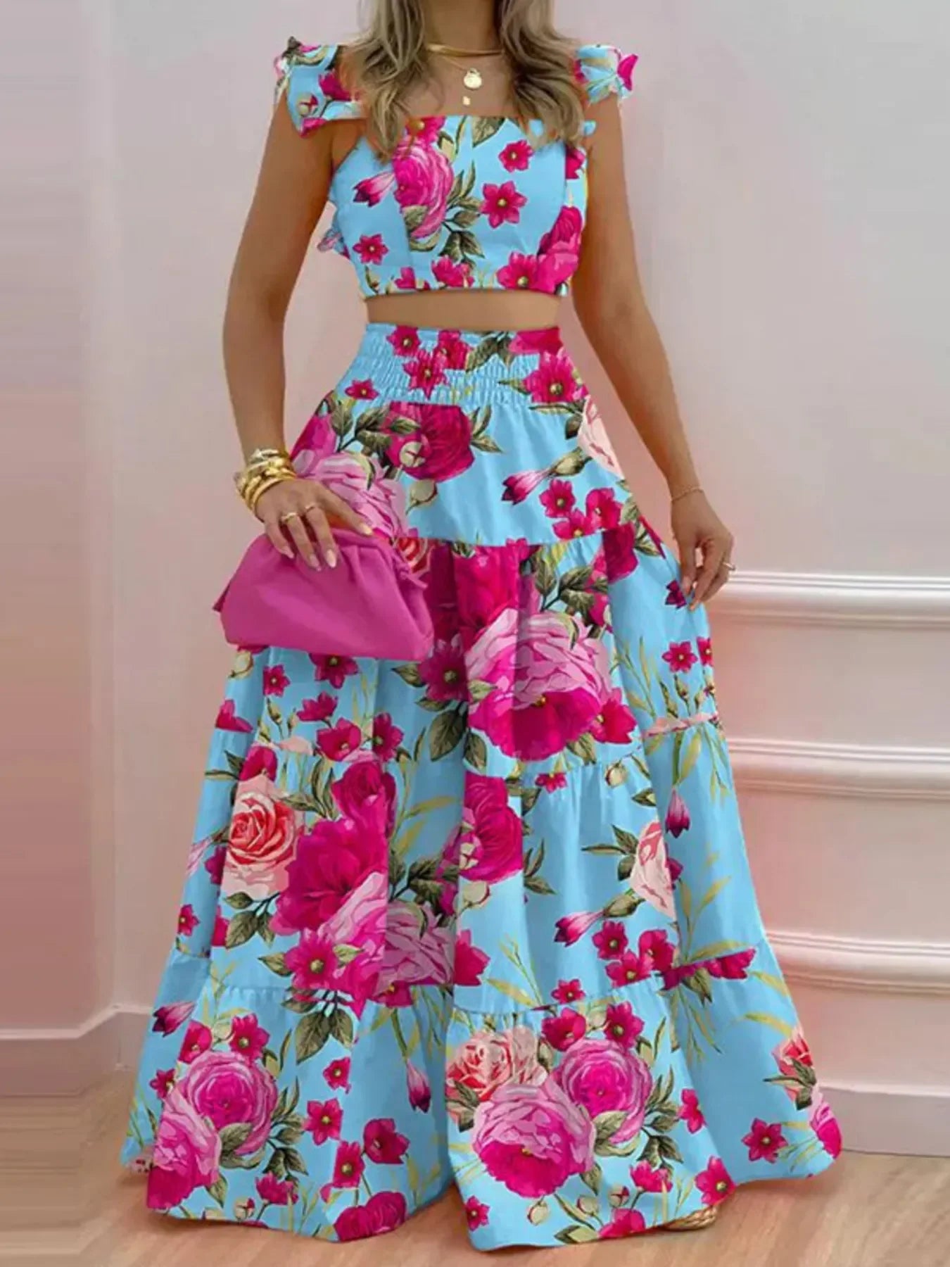 Full Size Ruffled Cami and Tiered Maxi Skirt Set Plus Size - Piña Colada