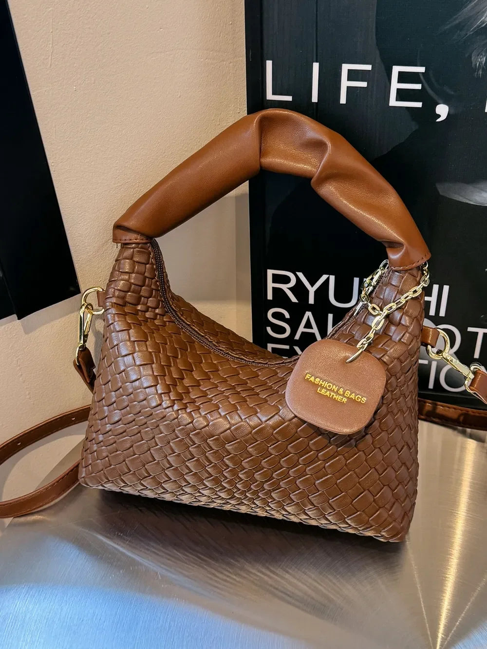 PU Leather Woven Crossbody Bag - Piña Colada