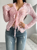 Tie Front Long Sleeve Lace Top - Piña Colada