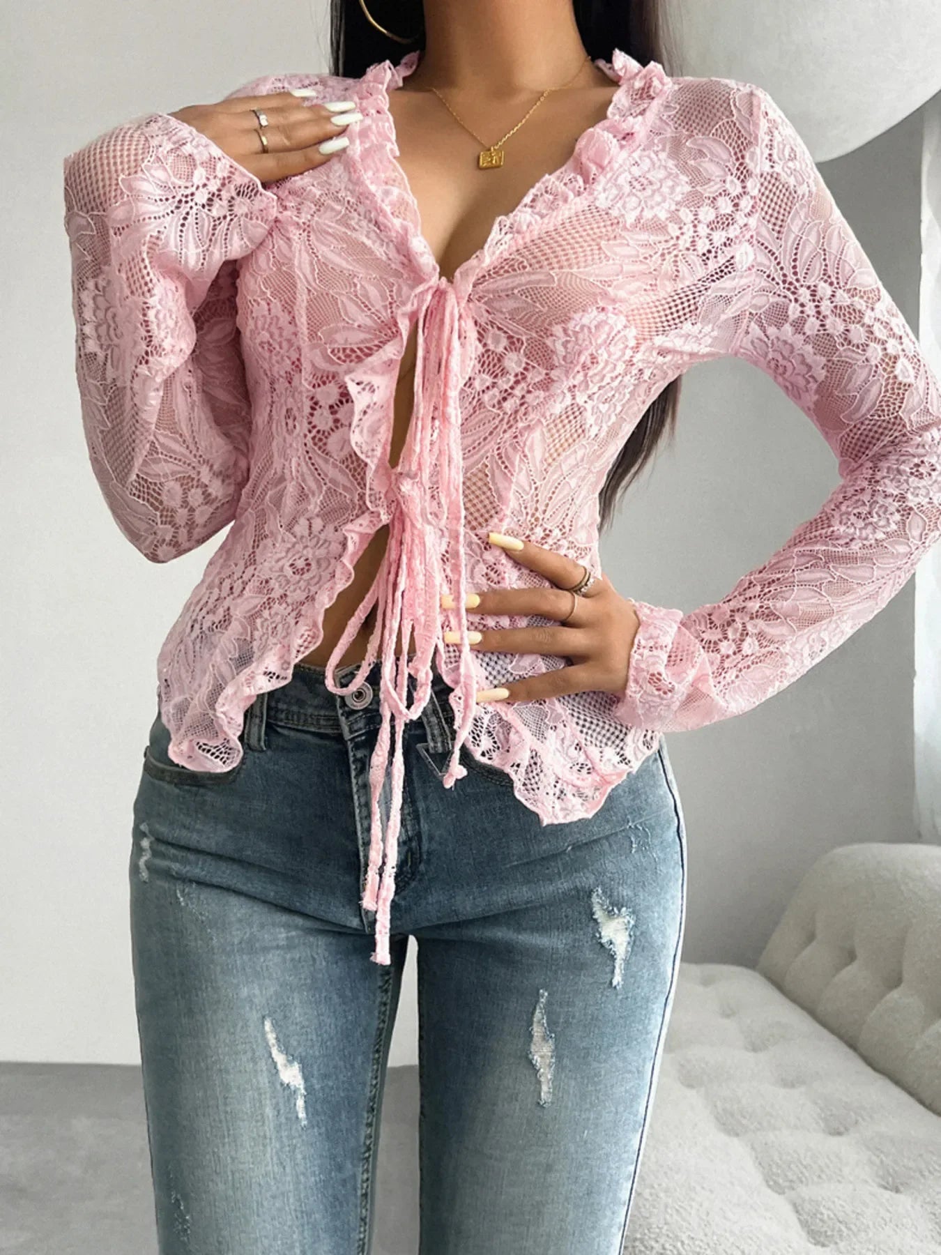 Tie Front Long Sleeve Lace Top - Piña Colada