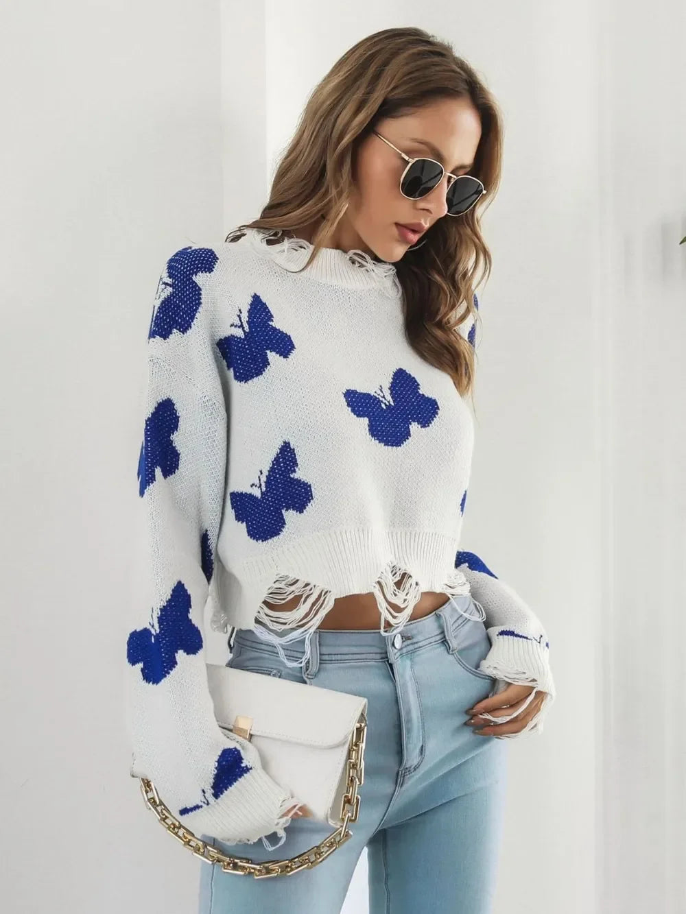 Distressed Butterfly Cropped Sweater - Piña Colada