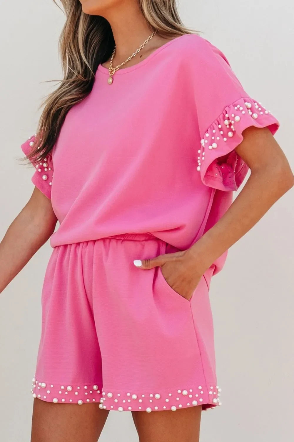 Pearl Embellished Top and Shorts Set - Piña Colada