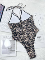 Leopard Cutout Halter Neck One-Piece Swimwear - Piña Colada