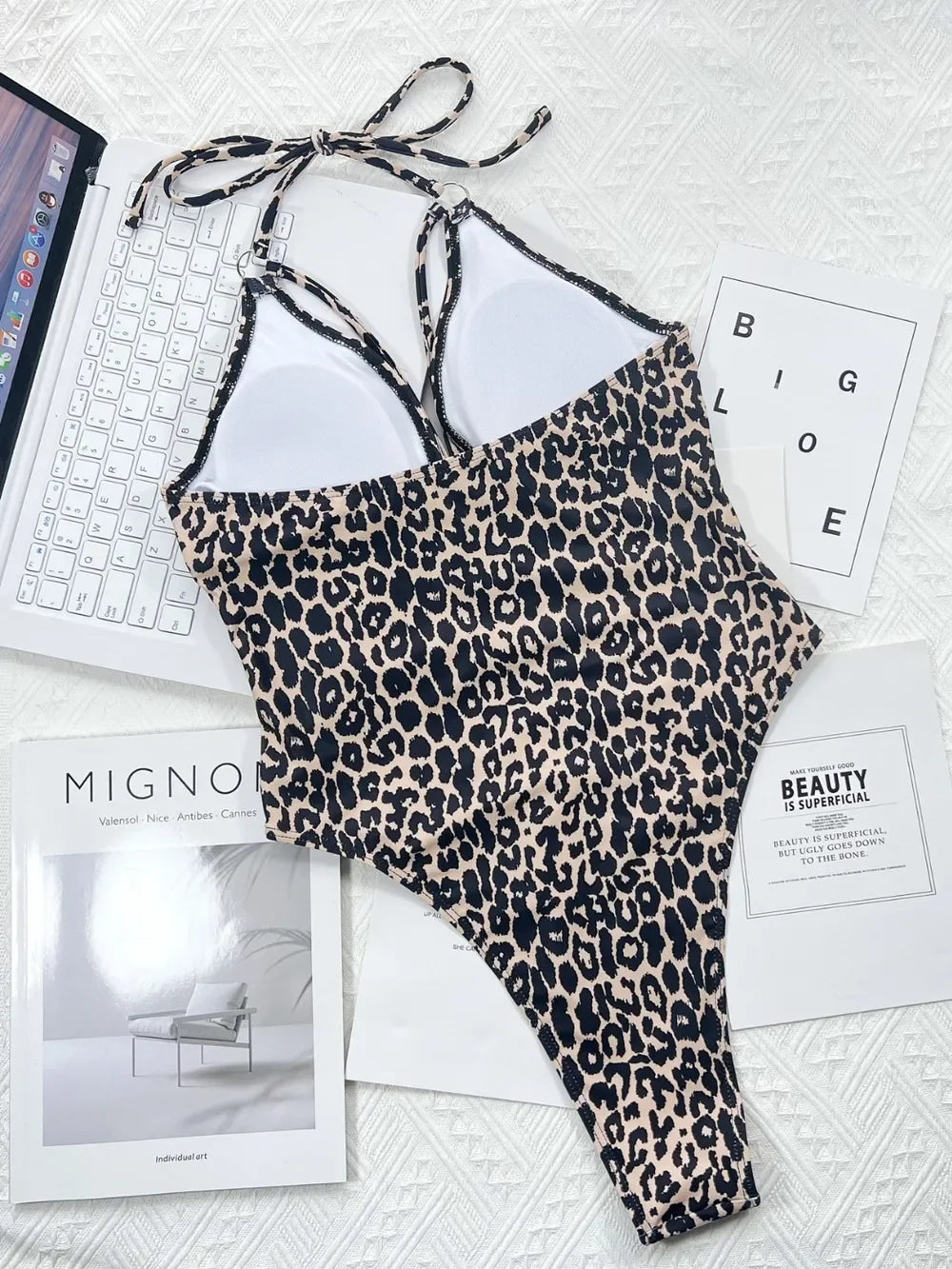 Leopard Cutout Halter Neck One-Piece Swimwear - Piña Colada