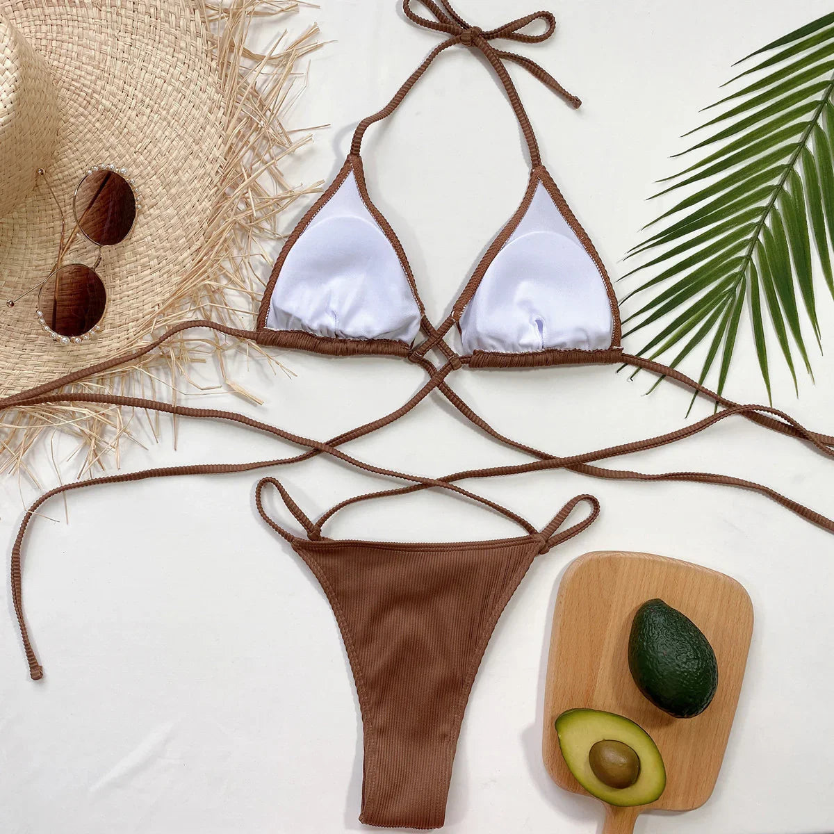 Halter Neck Crisscross Ribbed Bikini Set - Piña Colada