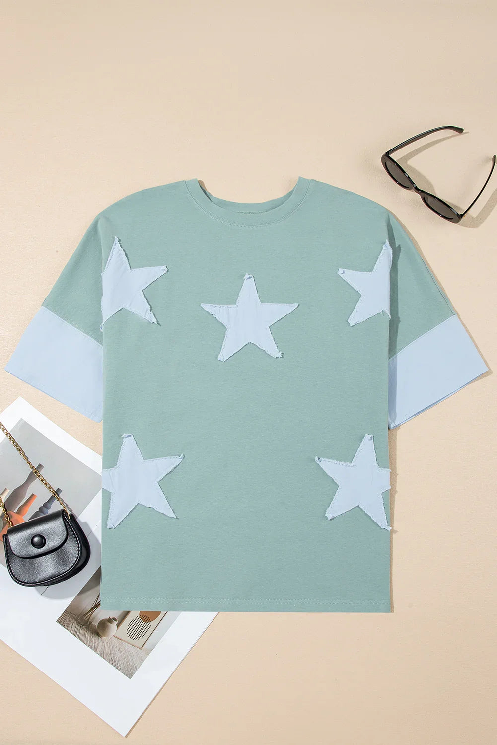 Oversized Star Patch T-Shirt – Raw Hem Split Design for Women - Piña Colada