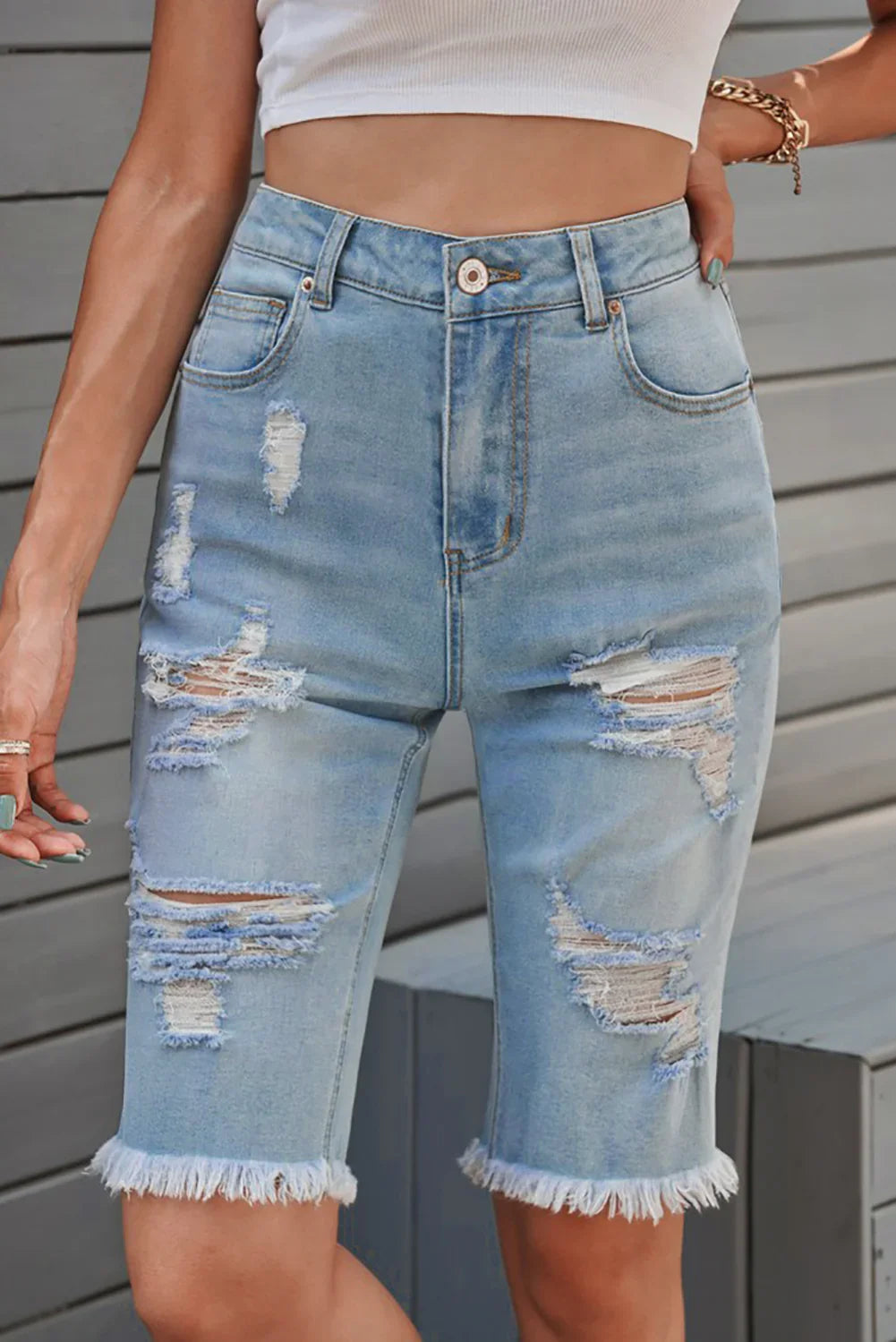 Distressed Raw Hem Denim Bermuda Shorts - Piña Colada