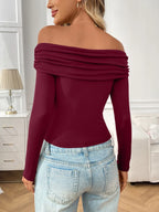 Off-Shoulder Long Sleeve Fitted T-Shirt - Piña Colada