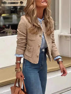 Raw Hem Pocketed Round Neck Jacket - Piña Colada