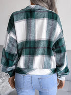 Plaid Collared Neck Long Sleeve Jacket - Piña Colada