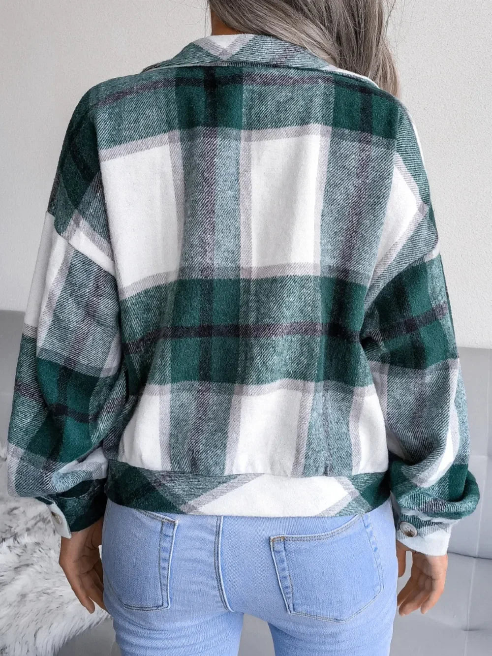 Plaid Collared Neck Long Sleeve Jacket - Piña Colada