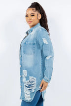 American Bazi Distressed Button Up Long Sleeve Denim Jacket - Piña Colada