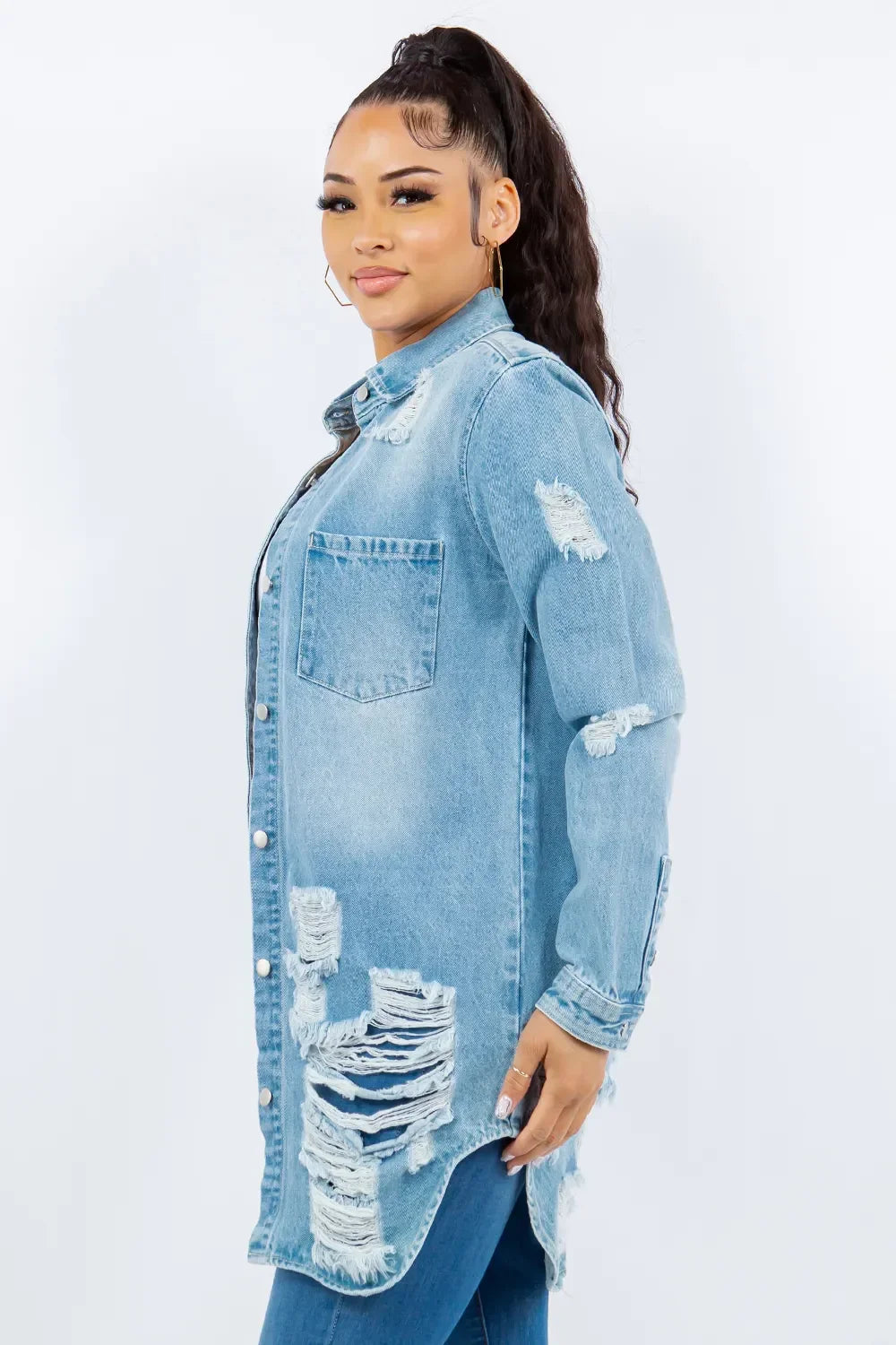 American Bazi Distressed Button Up Long Sleeve Denim Jacket - Piña Colada