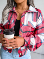 Plaid Collared Neck Long Sleeve Jacket - Piña Colada