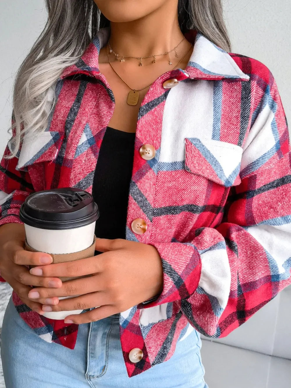 Plaid Collared Neck Long Sleeve Jacket - Piña Colada