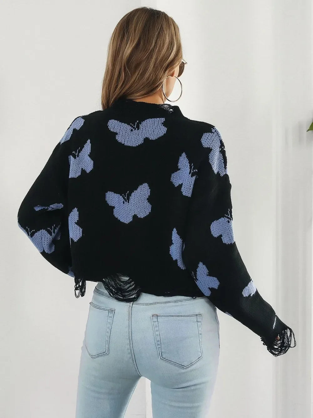 Distressed Butterfly Cropped Sweater - Piña Colada