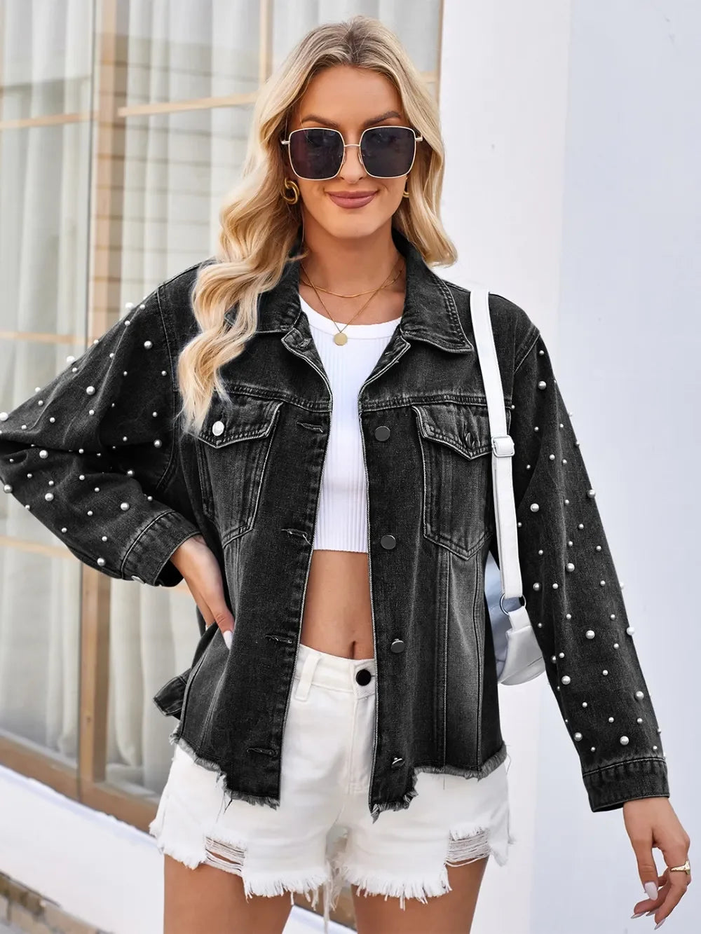Pearl Trim Raw Hem Denim Jacket - Piña Colada