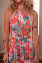 Floral Halter Neck Sleeveless Wide Leg Jumpsuit - Piña Colada