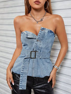 Frayed Hem Button Detail Tube Top - Piña Colada
