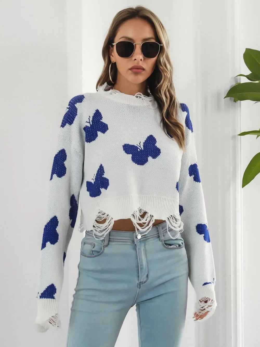 Distressed Butterfly Cropped Sweater - Piña Colada