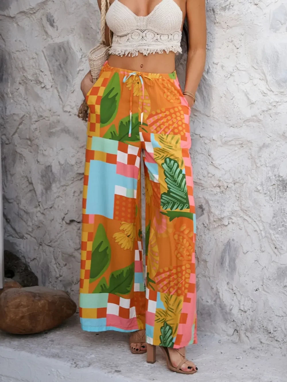 Devine Drawstring Printed Wide Leg Pants - Piña Colada