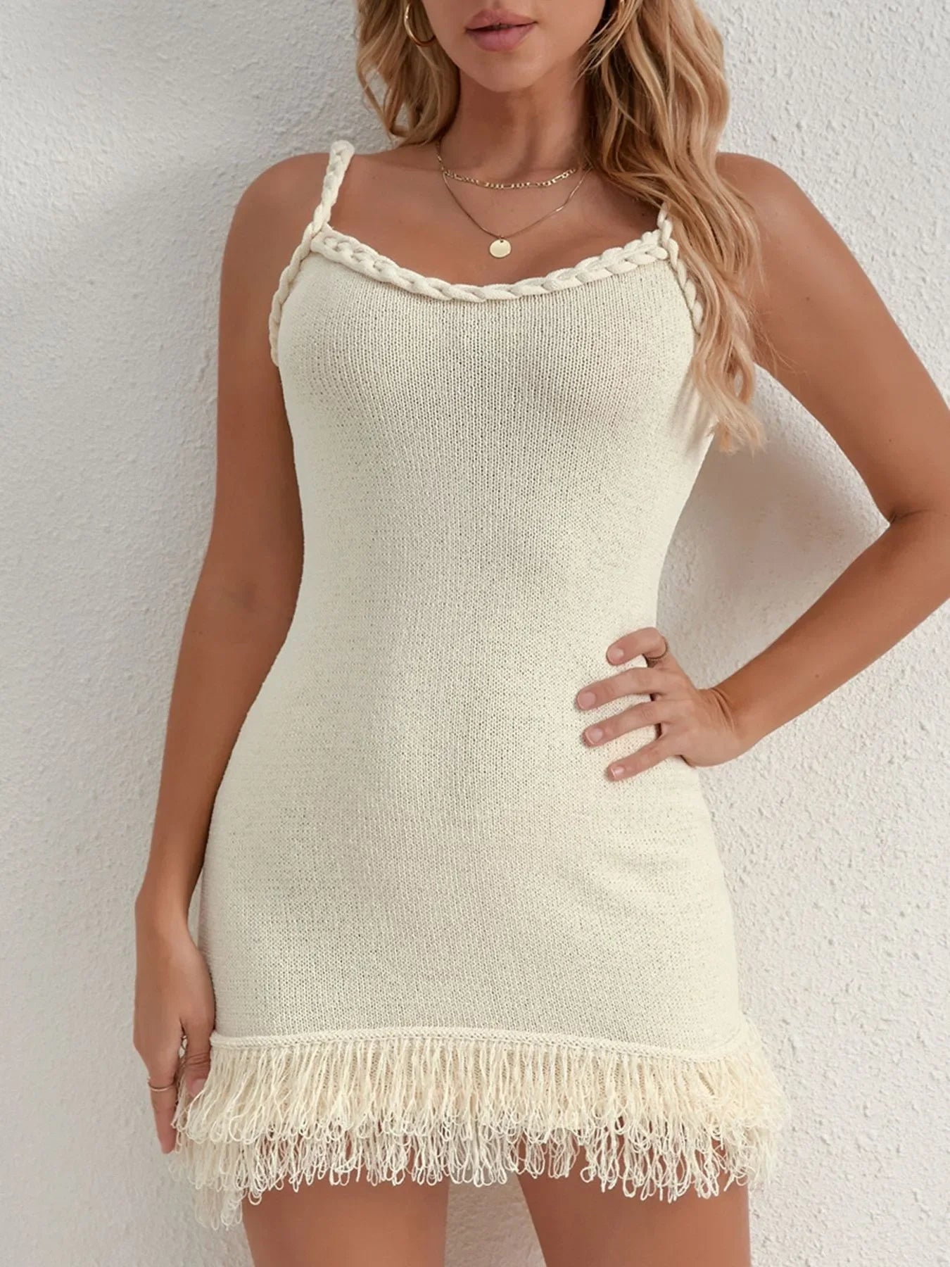 Fringe Hem Knit Cami Dress - Piña Colada