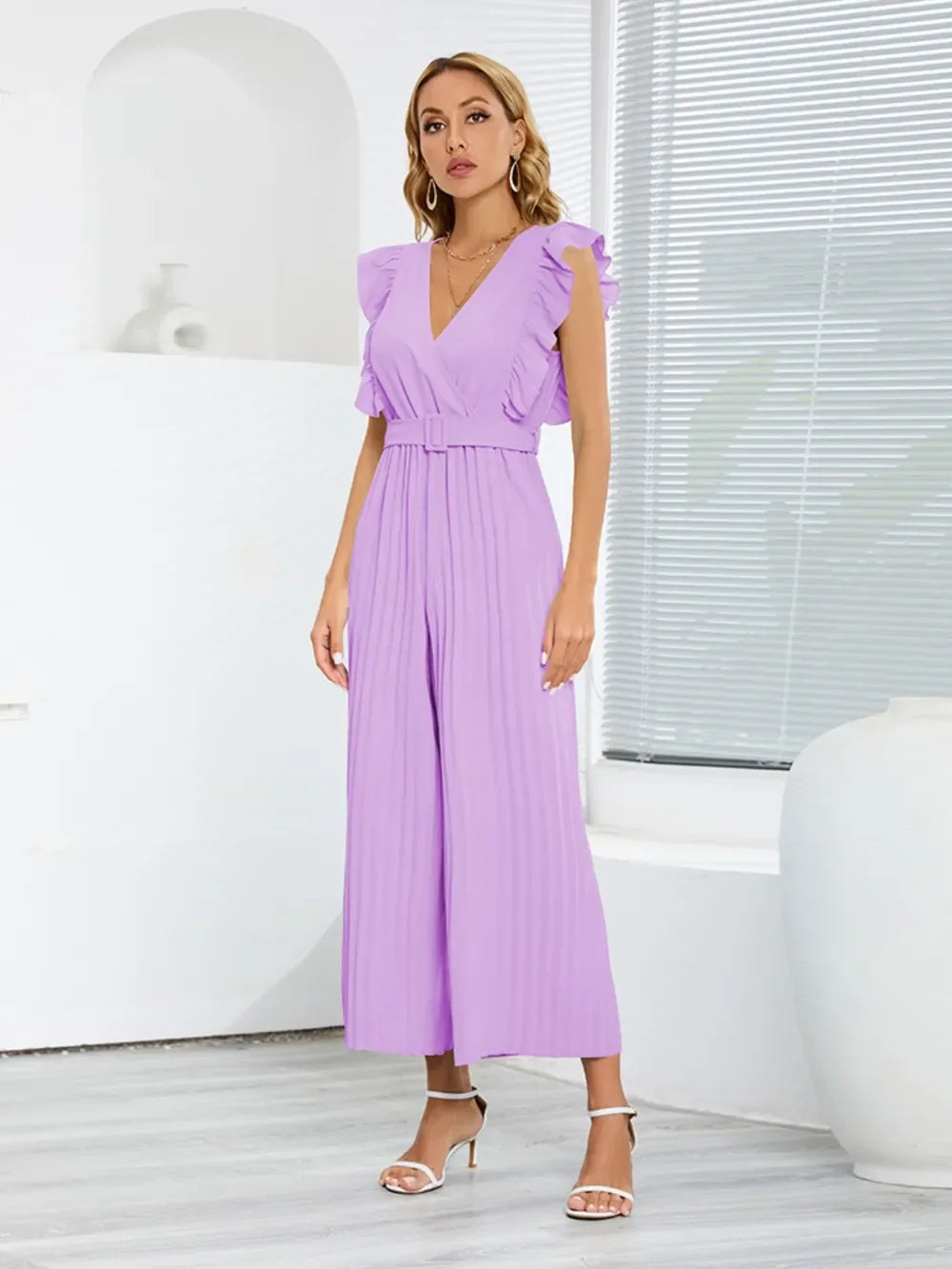 Ruffled Surplice Cap Sleeve Jumpsuit - Piña Colada