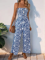 Perfee Smocked Tube Wide Leg Jumpsuit - Piña Colada