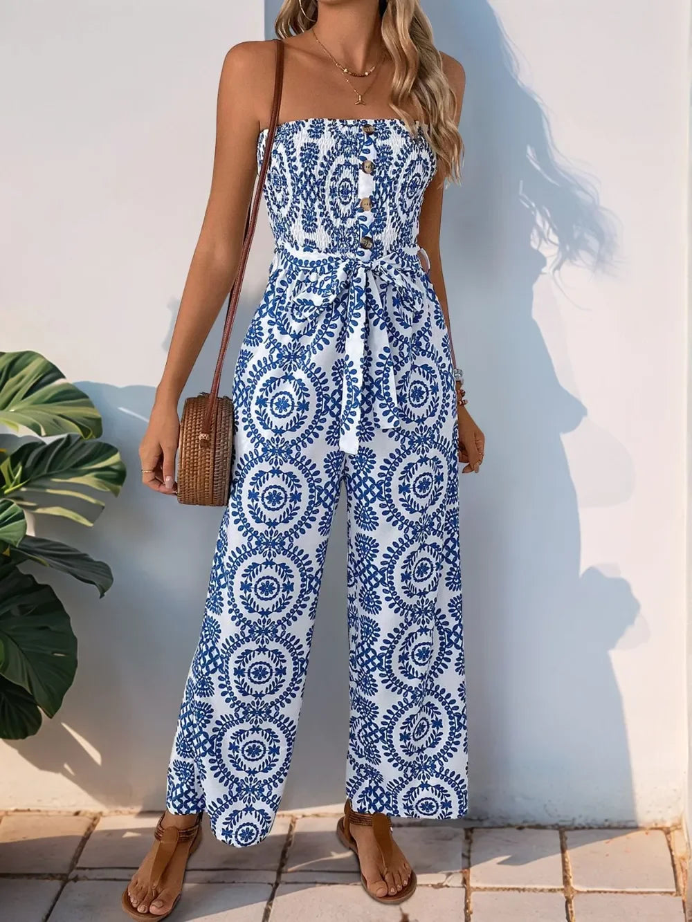 Perfee Smocked Tube Wide Leg Jumpsuit - Piña Colada