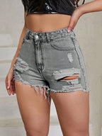 Distressed Raw Hem High Rise Denim Shorts - Piña Colada