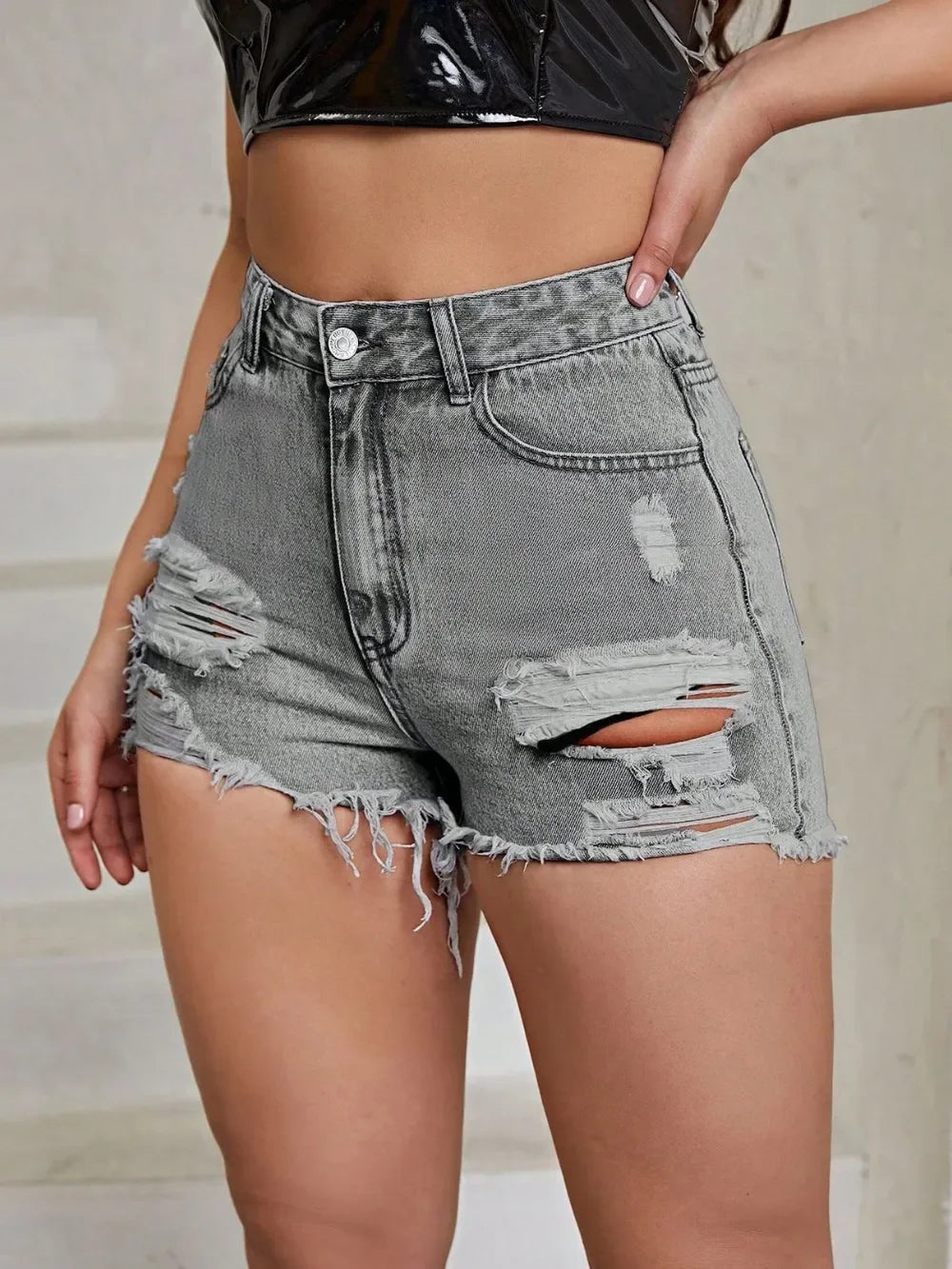 Distressed Raw Hem High Rise Denim Shorts - Piña Colada