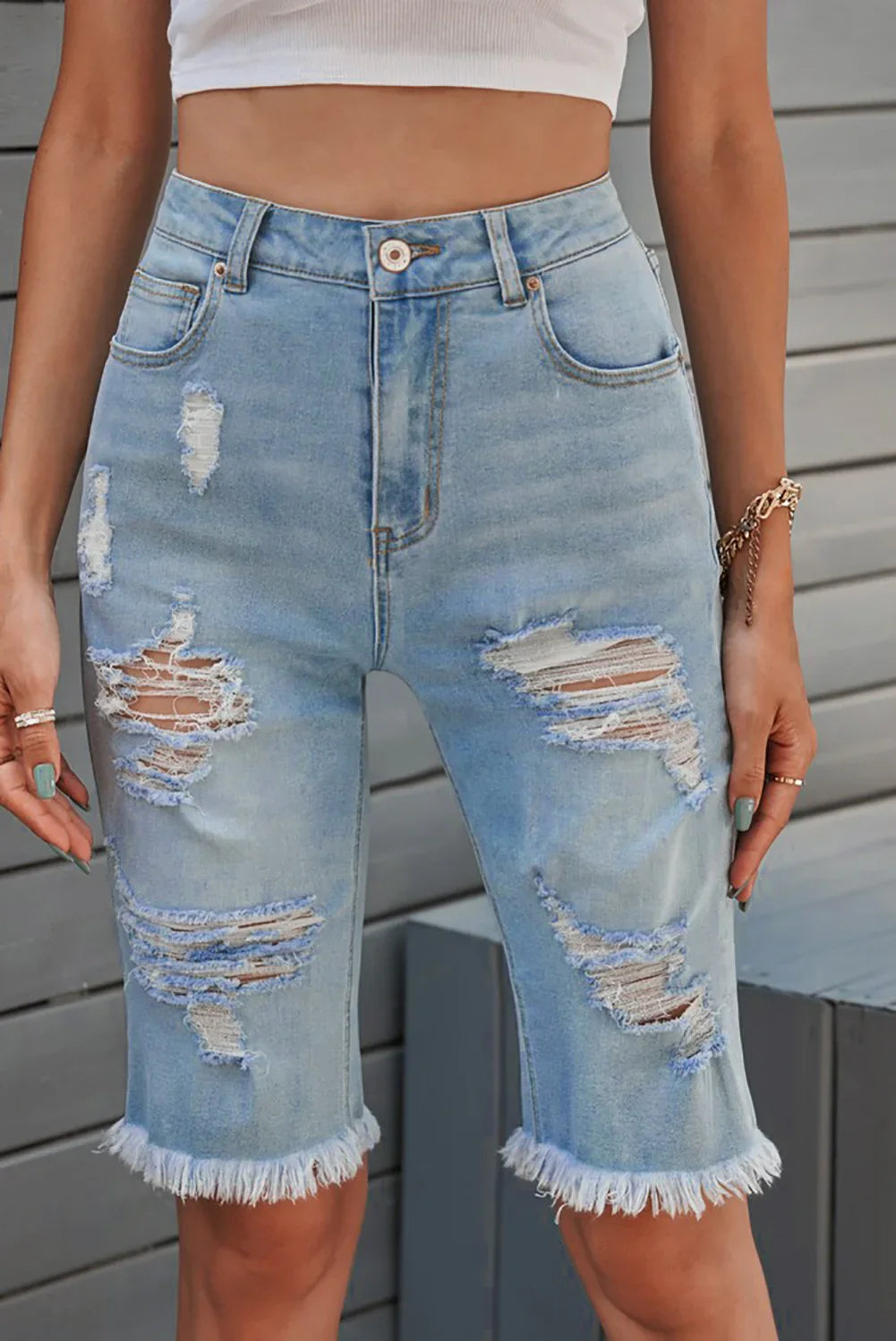 Distressed Raw Hem Denim Bermuda Shorts - Piña Colada