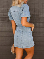 Button-Up Puff Sleeve Denim Shirt Dress. - Piña Colada