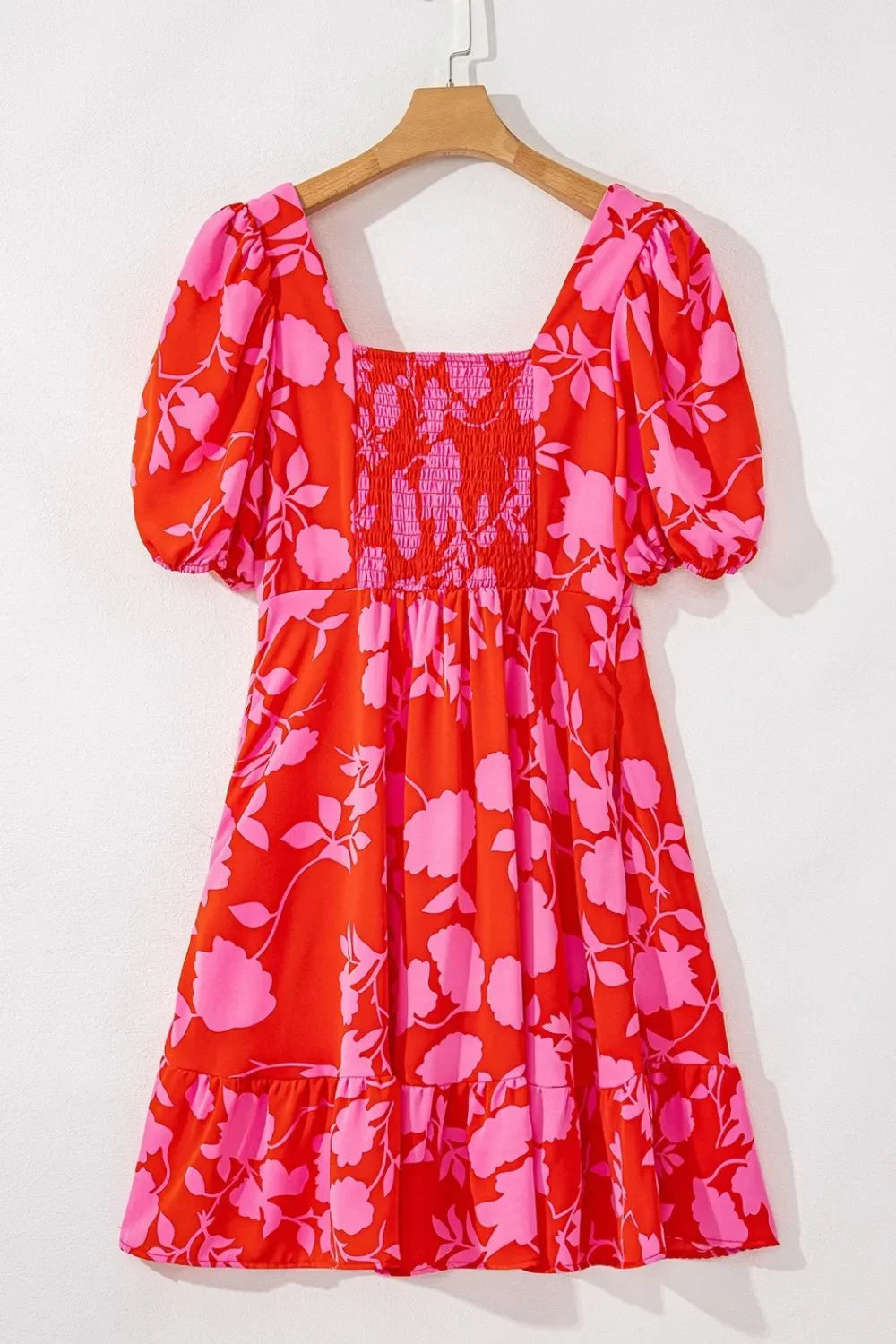 Floral Puff Sleeve Sweetheart Neck Ruffled Mini Dress - Piña Colada