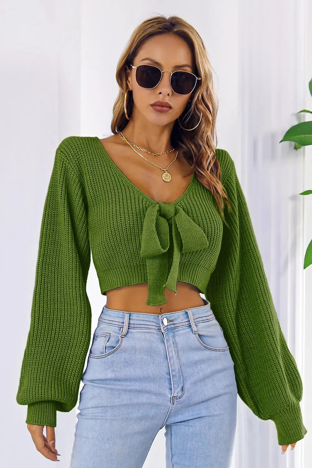 Bow V-Neck Long Sleeve Cropped Sweater - Piña Colada
