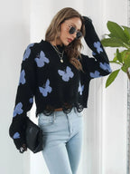 Distressed Butterfly Cropped Sweater - Piña Colada