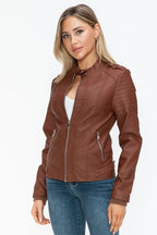 Snobbish PU Leather Biker Jacket with Side Zip Pockets - Piña Colada