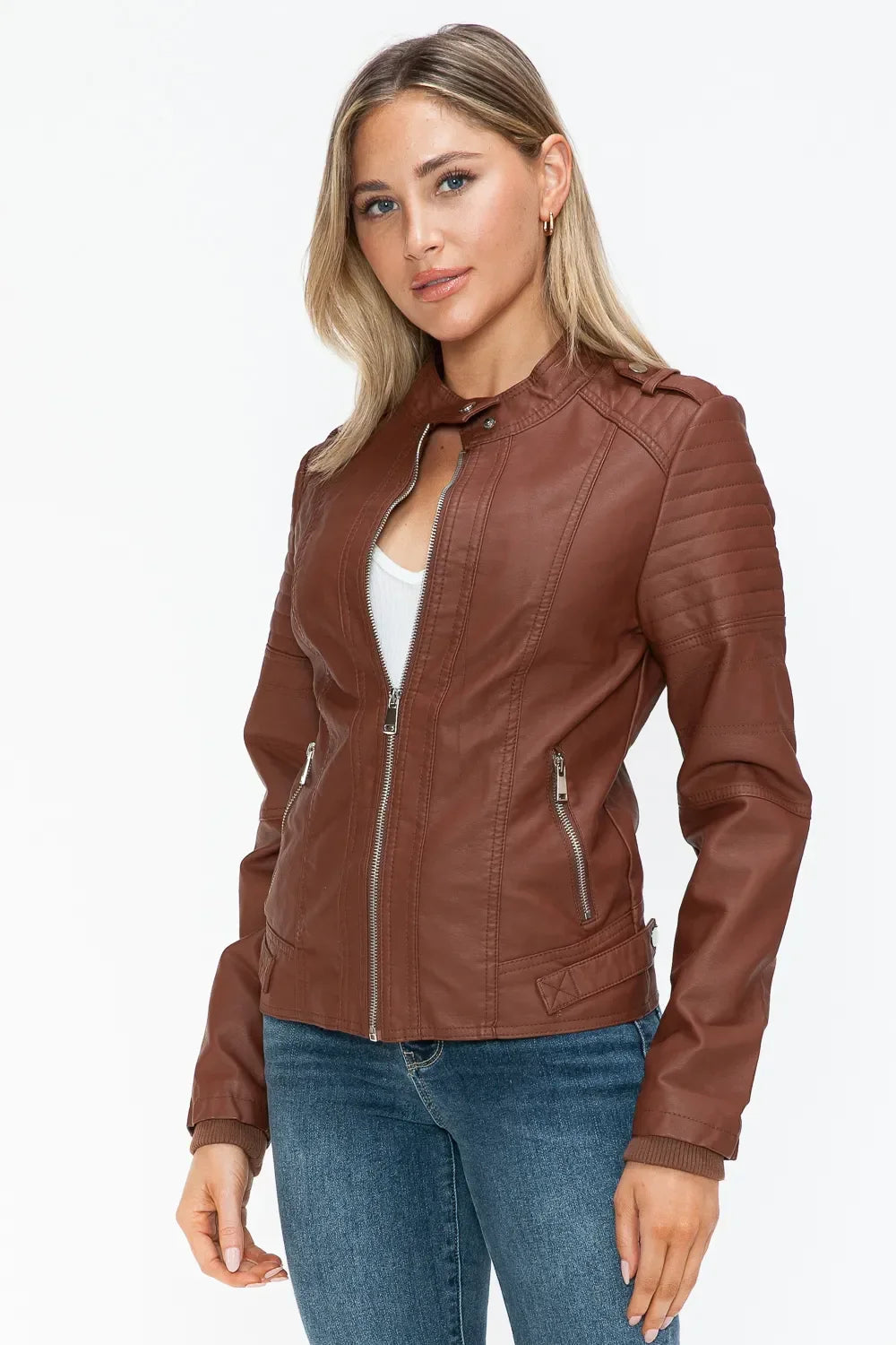 Snobbish PU Leather Biker Jacket with Side Zip Pockets - Piña Colada