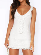 Ruffle Trim Lace Mini Dress - Piña Colada