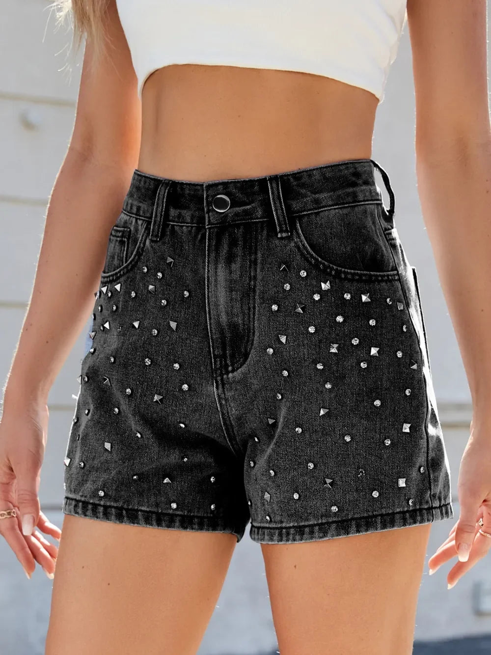 Rhinestone Washed High Waist Denim Shorts - Piña Colada