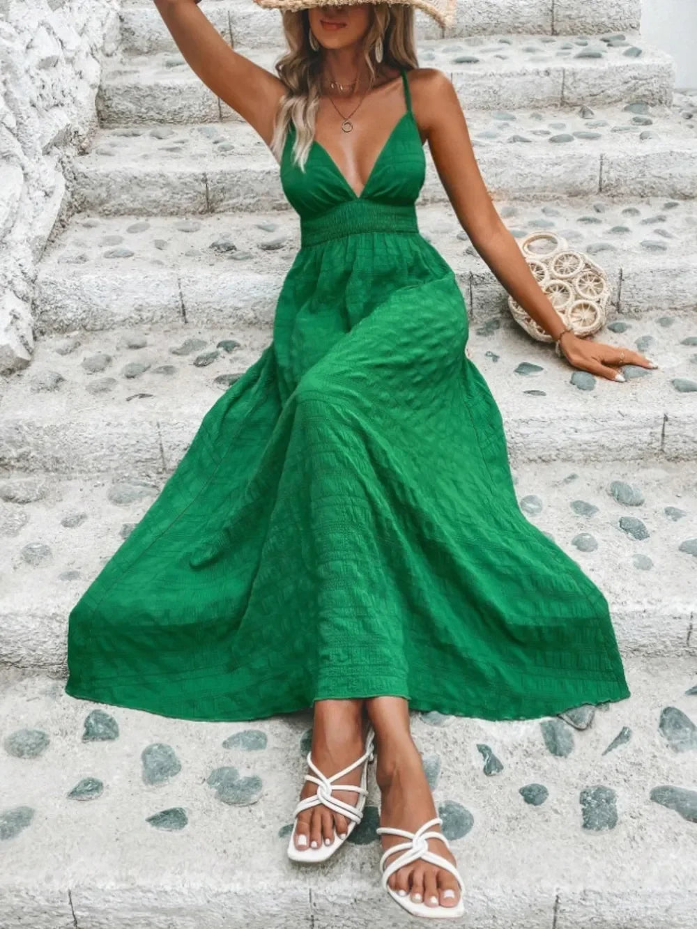 Crisscross Back Smocked Maxi Cami Dress - Piña Colada