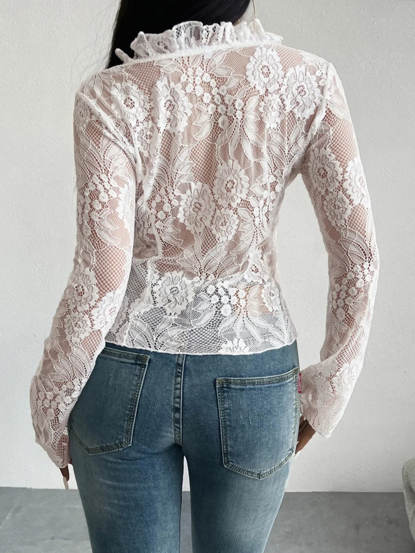 Tie Front Long Sleeve Lace Top - Piña Colada